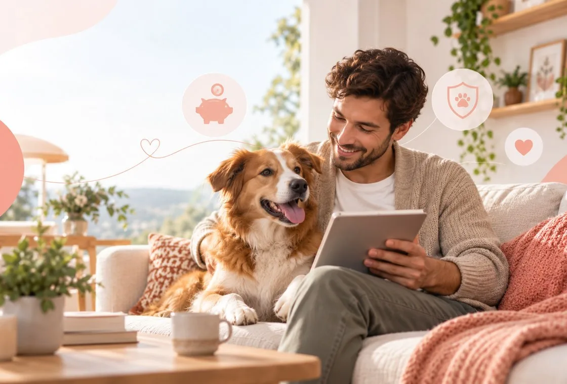 Owner reviewing a tablet beside a golden-colored dog on a sofa